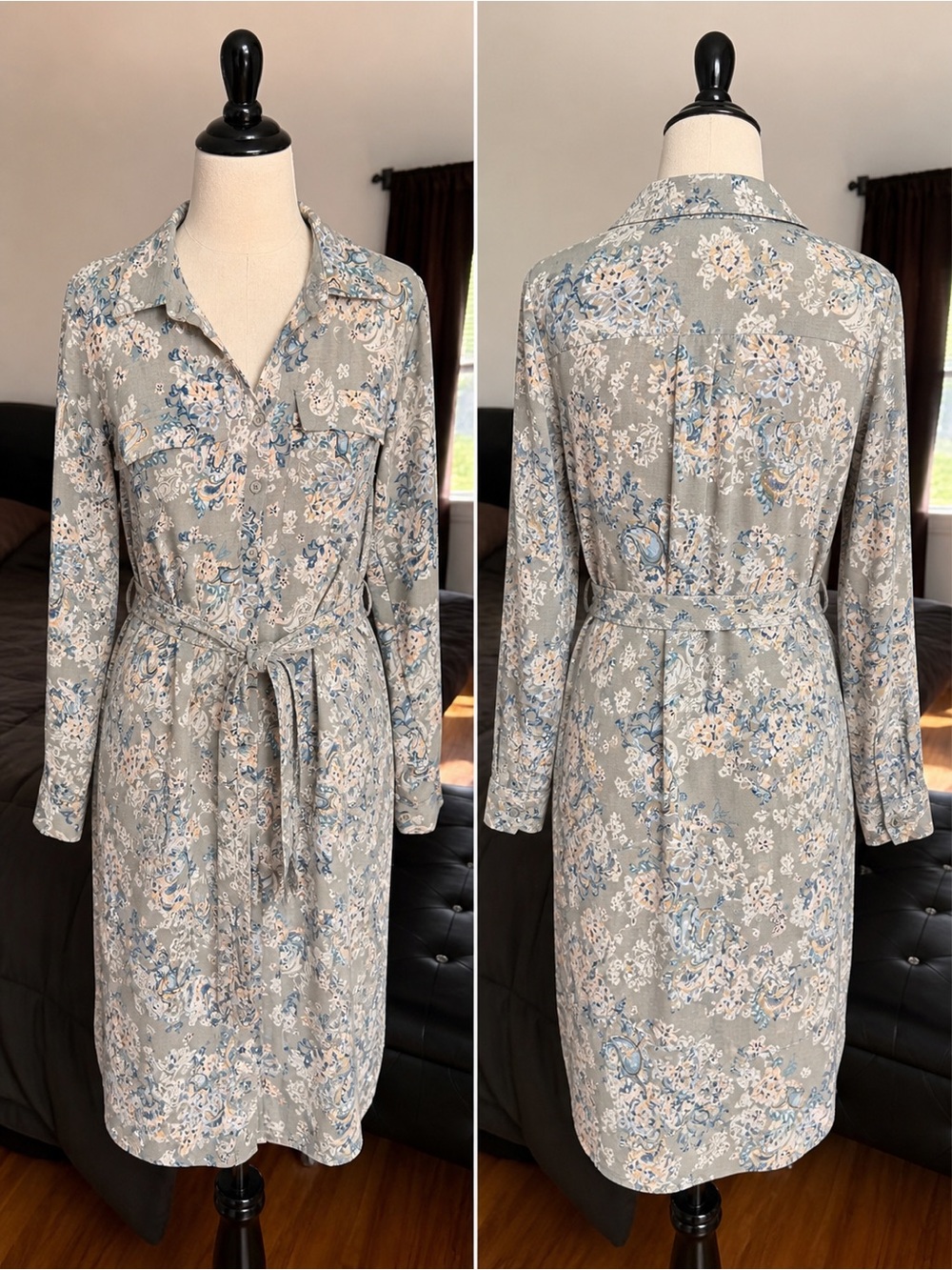 Lucky Brand Floral Shirt Dress Womens Large Gray Blue Paisley Tie Waist